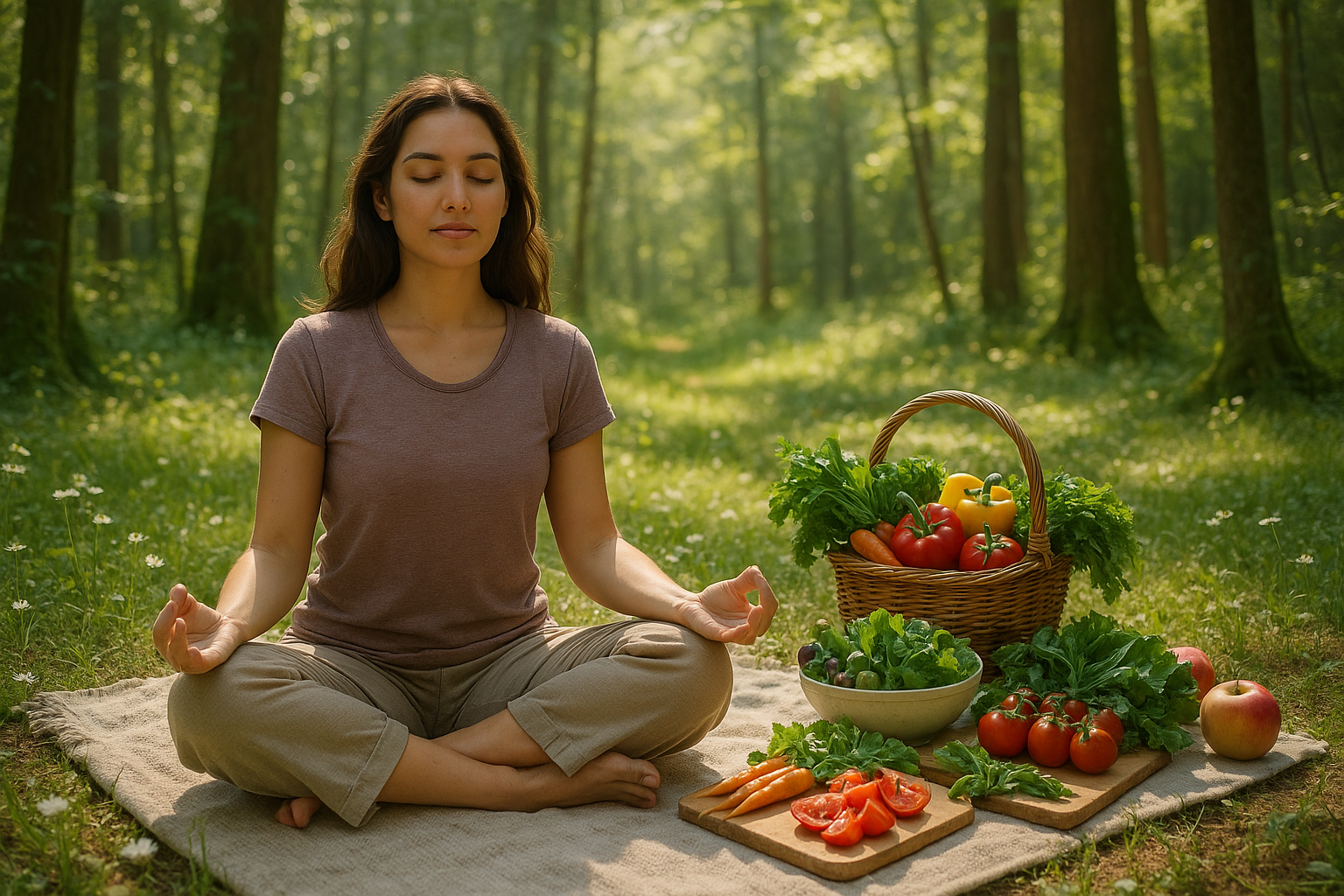crea una persona mujer en un espacio del bosuqe que genere relajacion, que se vea meditando, al lado de ella alimentos sanos como verduras como si estubiera reposando del picnic