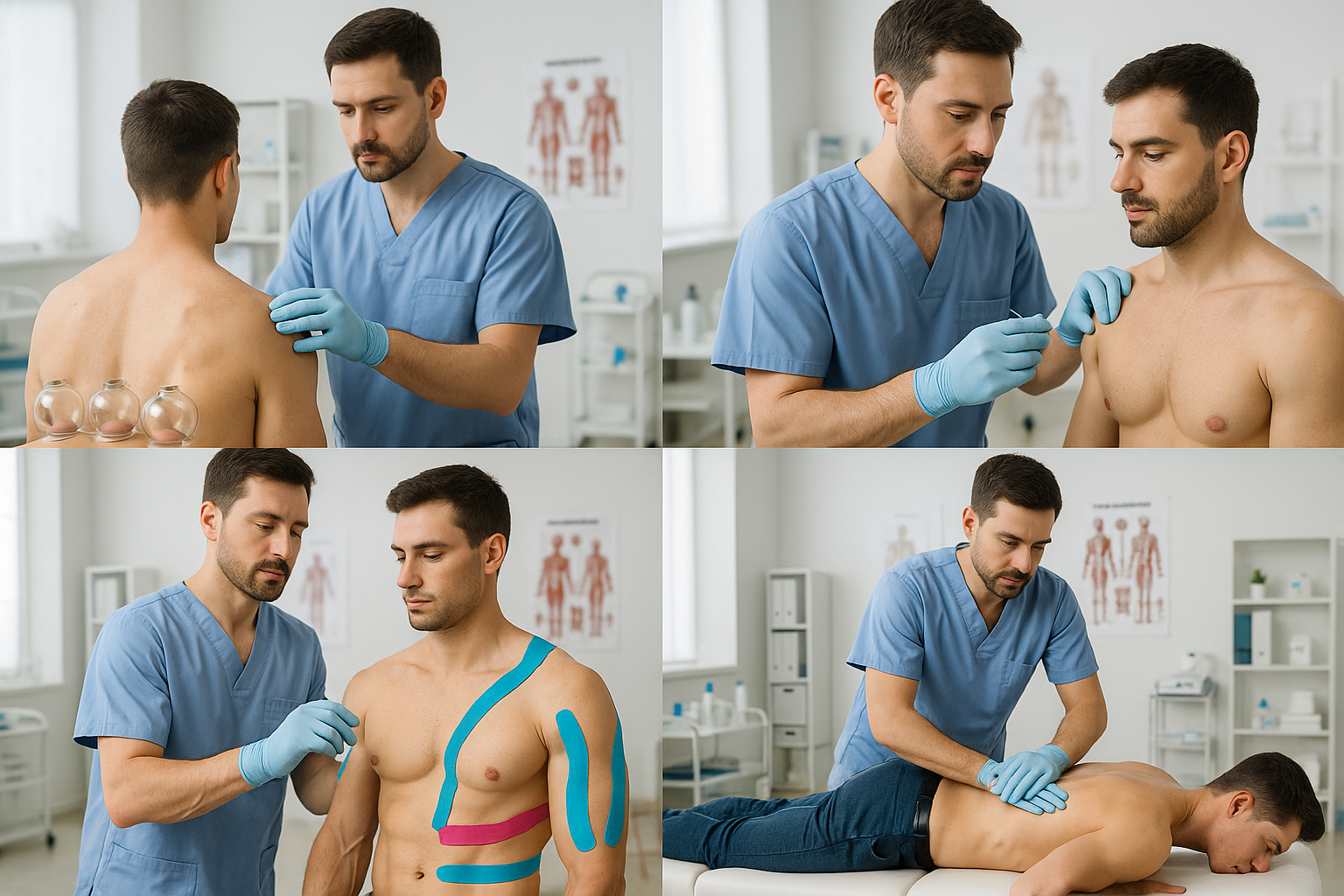 PON A KINESIOLOGO REALIZANDO QUIROPRAXIA, VENTOSA, PUNSION SECA Y KINESIOTAPE, LOS PACIENTES DEBEN ESTAR SI POLERA